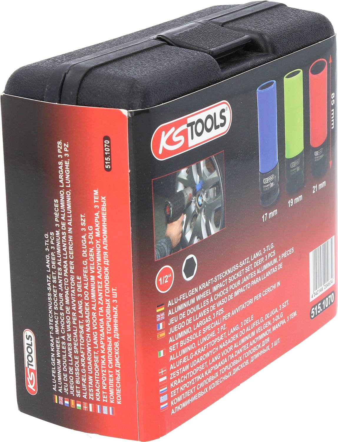 Eine Werkzeugbox von KS Tools mit farbcodierten Stecknüssen (17 mm, 19 mm, 21 mm), abgebildet in einer Verpackung.