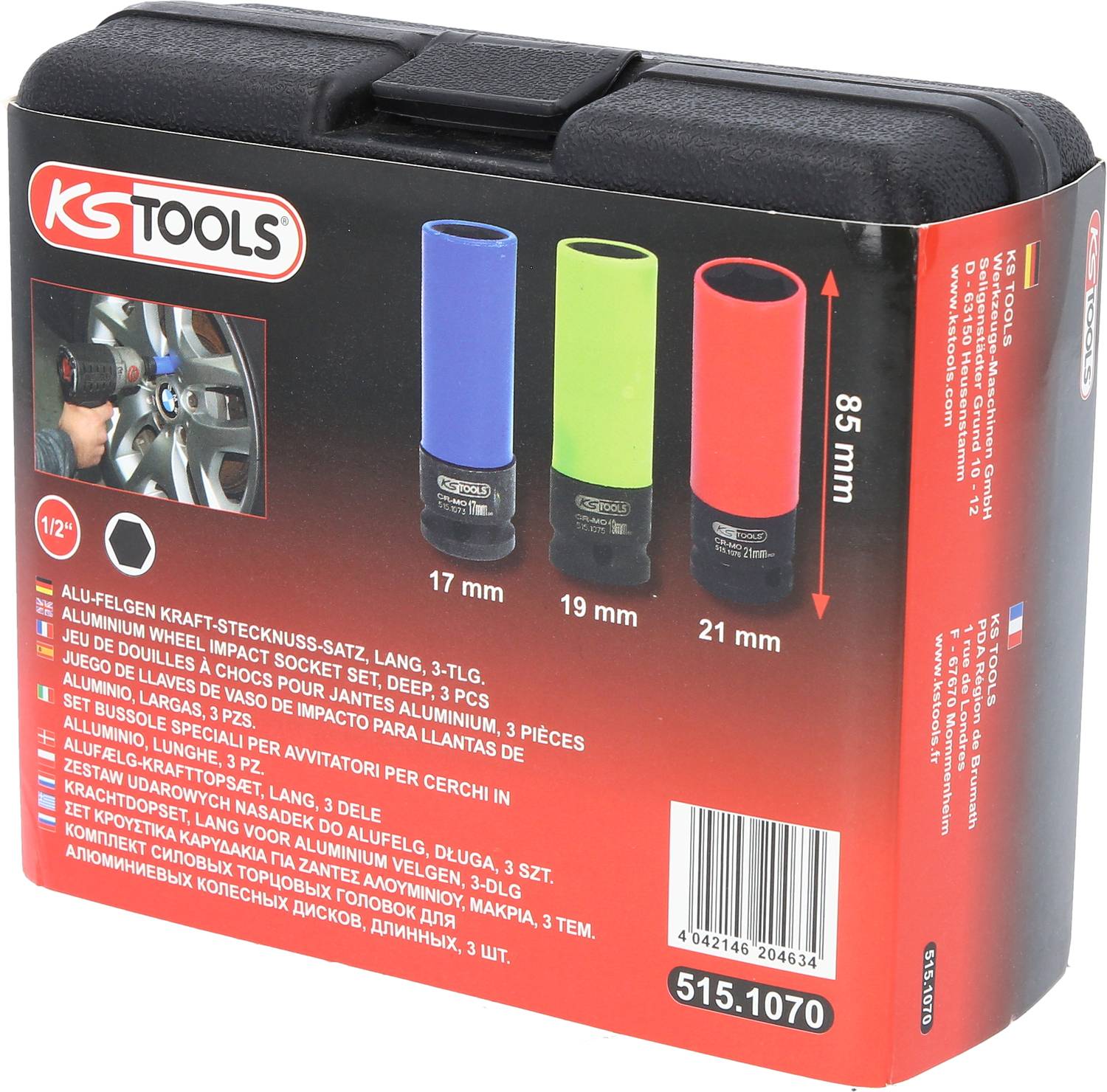 'KS Tools' Stecknuss-Set Verpackung: Enthält drei Farb-Stecknüsse (17mm, 19mm, 21mm) für Aluminiumfelgen, in einer kompakten Box.