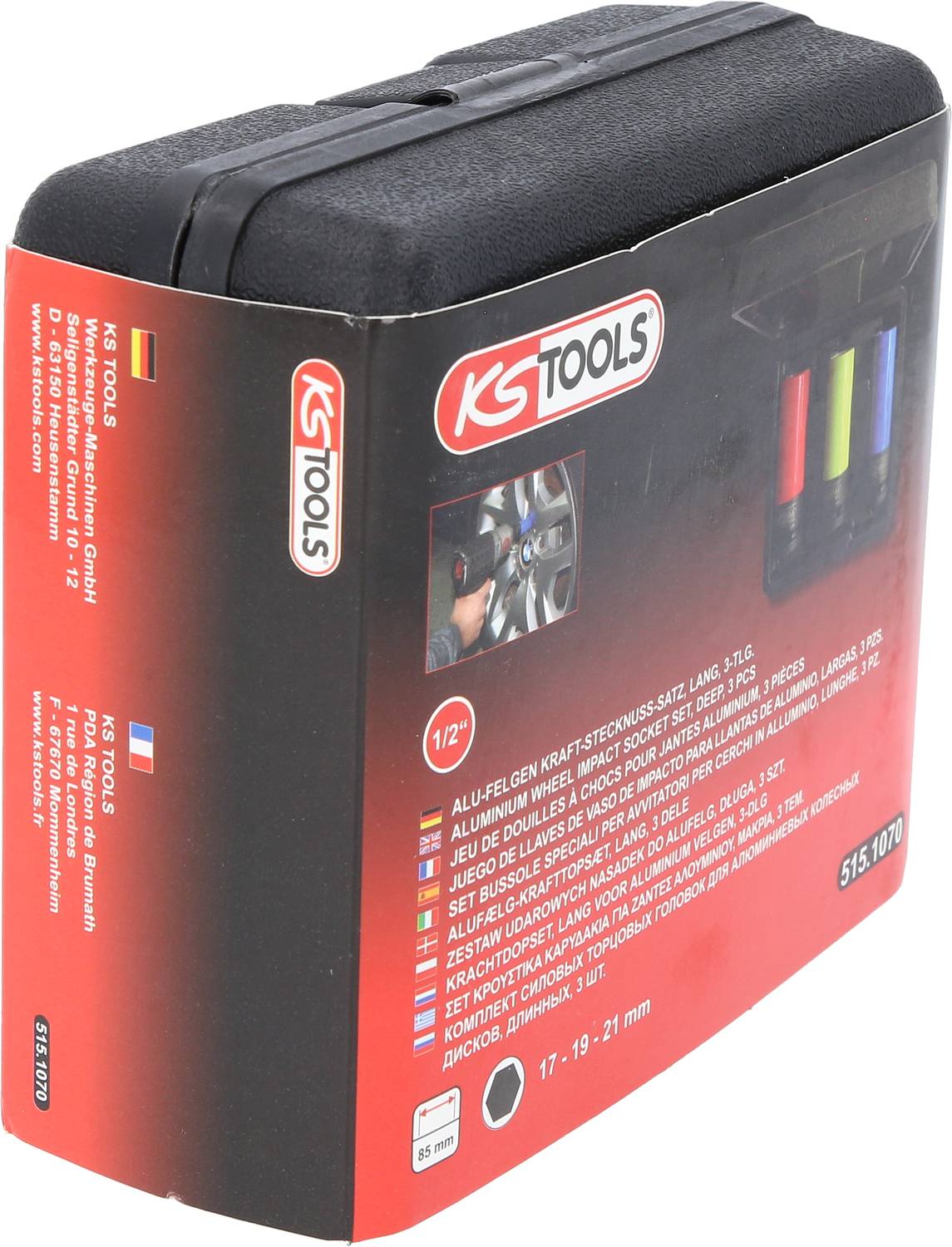 Schwarzes KS Tools Aufbewahrungs-Etui mit Produktbeschreibung, enthält Werkzeuge zur Aufbewahrung von Kraftstecknüssen.