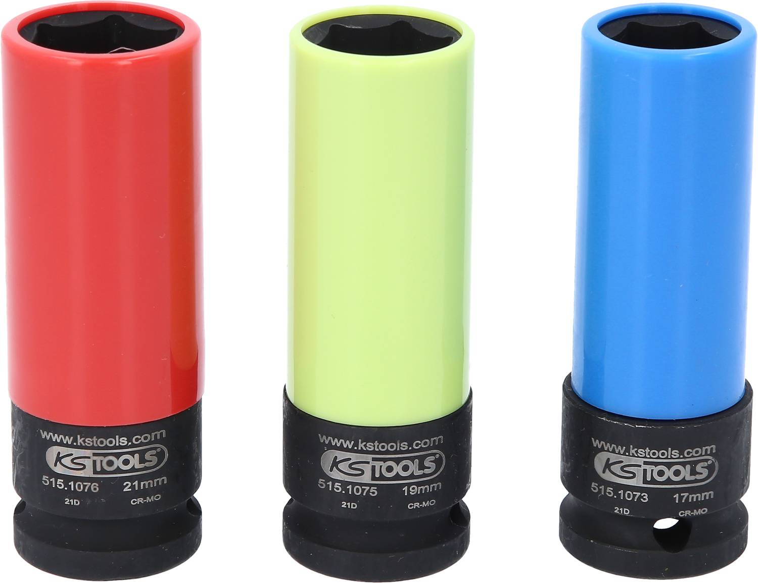 Drei farbige Stecknüsse, rot, gelb und blau. Jede hat einen schwarzen Sockel und ist mit 'KS Tools' beschriftet, Größen 21mm, 19mm, 17mm.