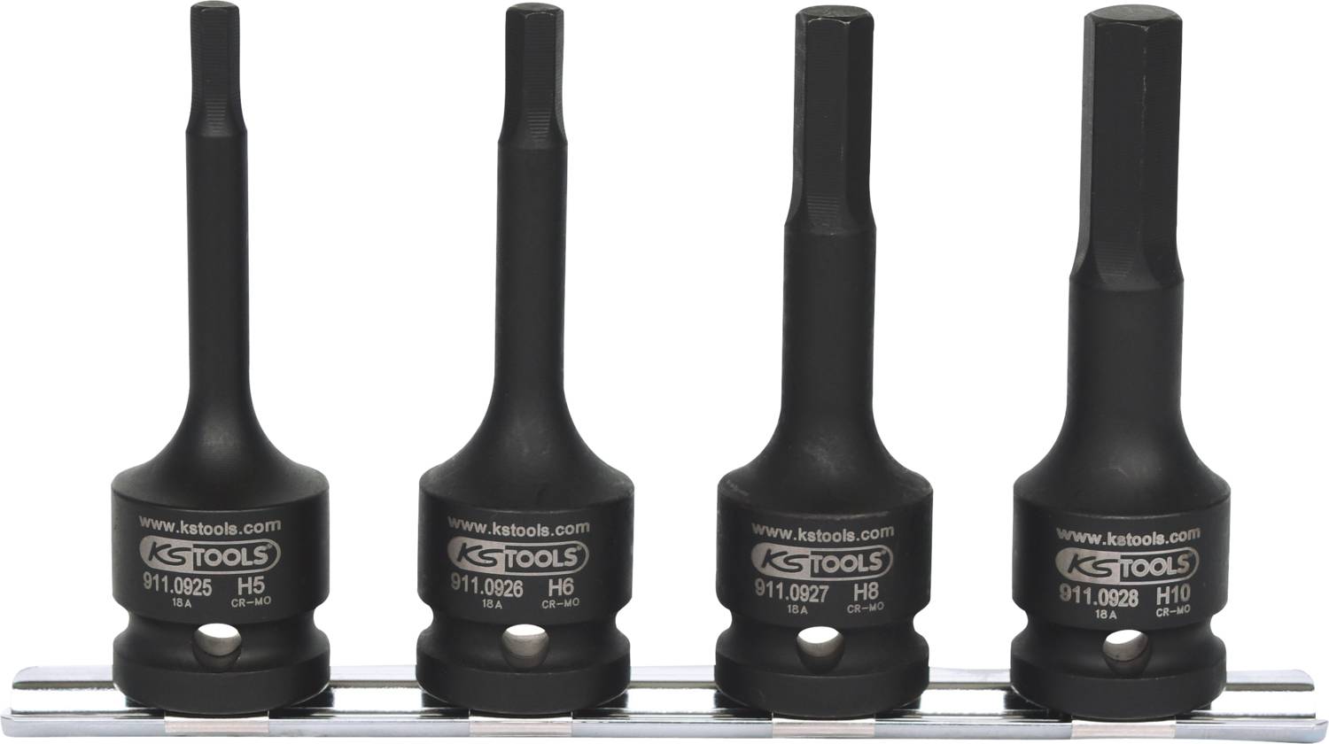 Vier schwarze Innensechsrund-Bit-Stecknüsse (H5, H6, H8, H10) von KS Tools auf einer Halteschiene.