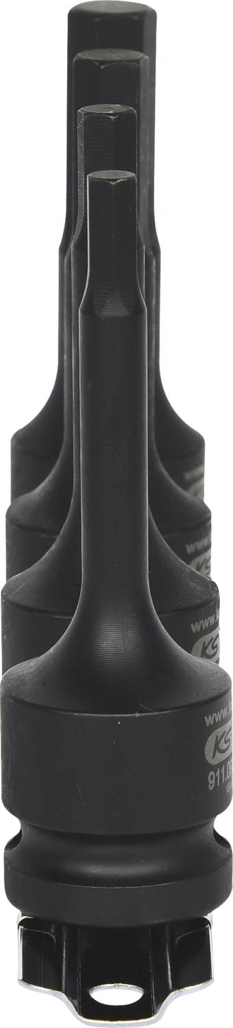 Fünf schwarze Schrauber-Bits aufgereiht, von einem vorderen, fokussierten Bit mit schmalem Kopf zu den hinteren unscharfen Bits.