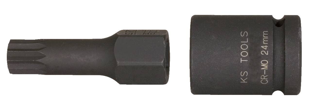 'KS Tools Steckschlüsseleinsatz und Bit, beide in schwarzer Ausführung. Der Steckschlüssel ist mit 'CR-MO 24 mm' markiert.'