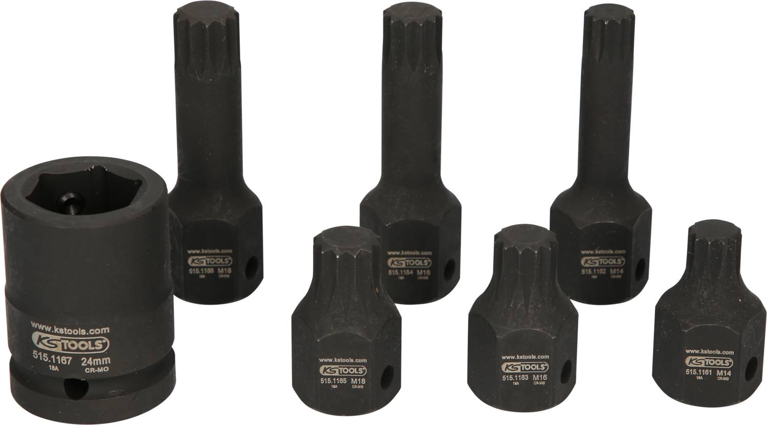 Satz aus sieben schwarzen Vielzahnnüssen von KS Tools, geeignet für spezielles Schraubenlösungen. Variiert in Größen und Formen.