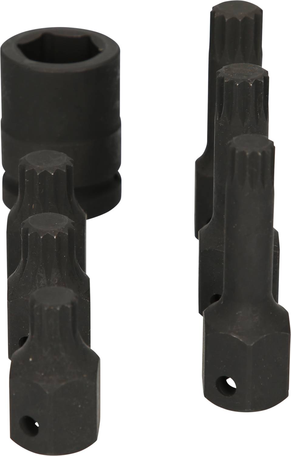 Mehrere Stecknüsse aus Metall in verschiedenen Formen und Größen, aufrecht stehend, auf einem weißen Hintergrund.