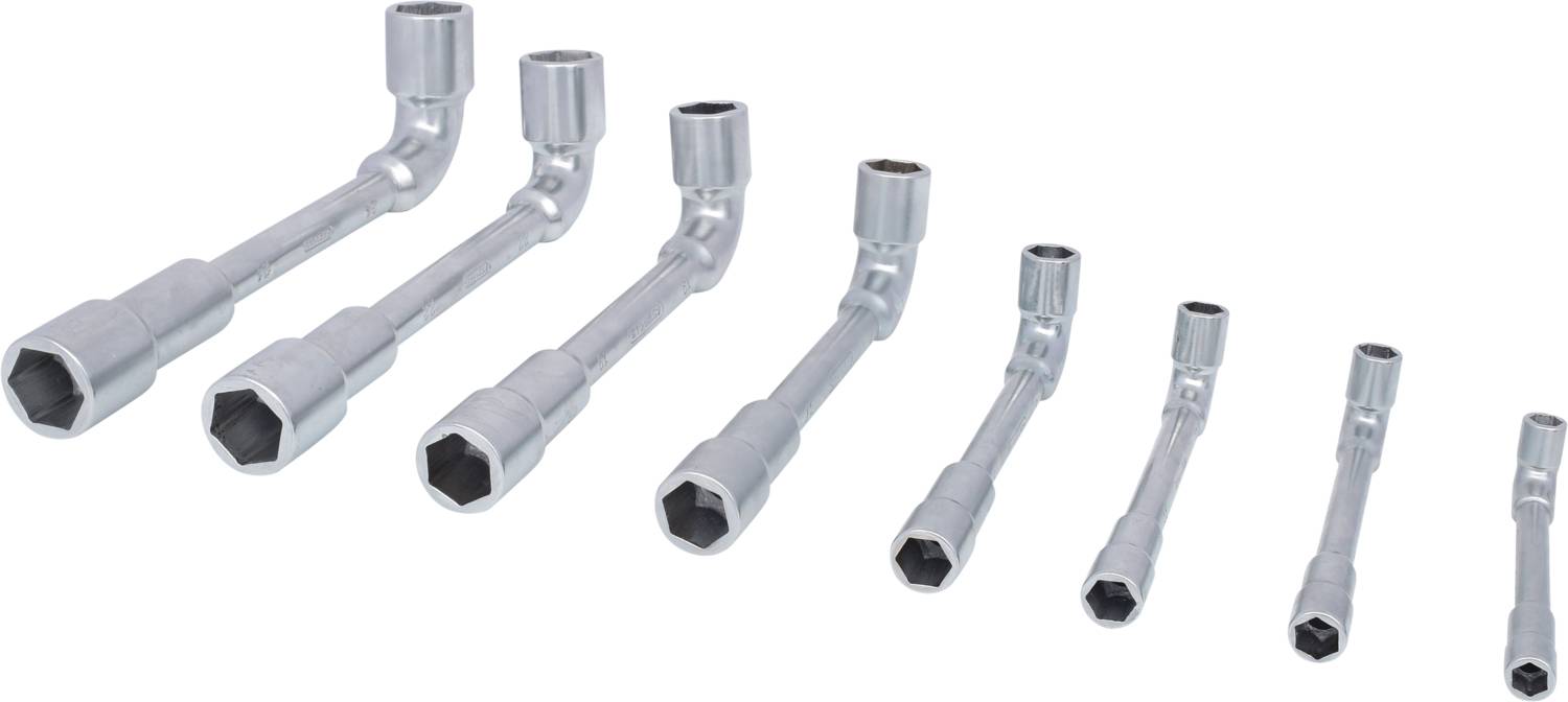 Acht L-förmige Steckschlüssel in verschiedenen Größen, von groß bis klein sortiert. Sie sind aus Metall und dienen zum Anziehen oder Lösen von Schrauben.