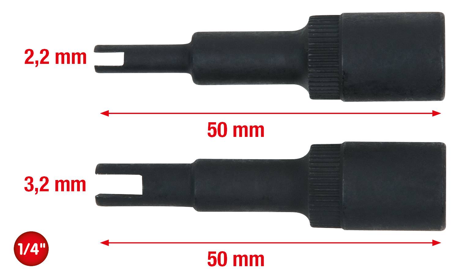 Zwei schwarze Werkzeugaufsätze mit 2,2 mm und 3,2 mm Breite, beide 50 mm lang, nebeneinander auf weißem Hintergrund. Erscheint in Zollangaben.