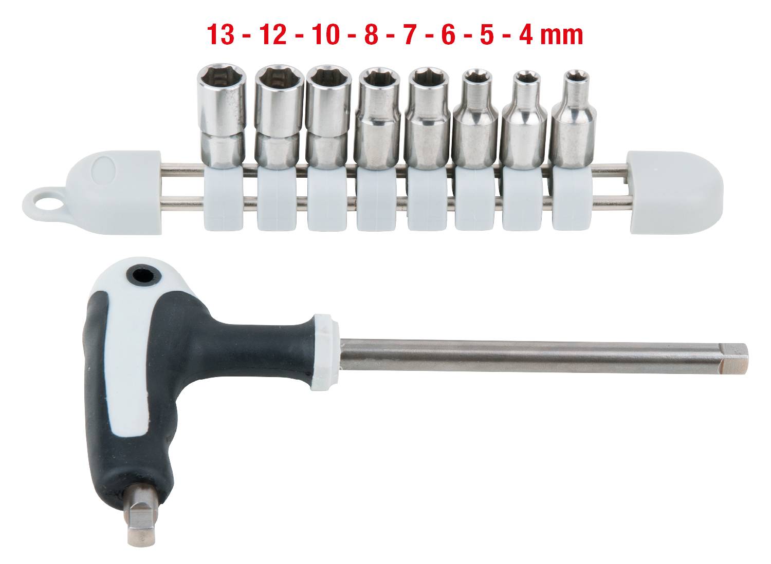 Satz von Stecknüssen (Größen 13 bis 4 mm) mit einem T-Griff-Schlüssel zur Handhabung der Nüsse. Ideal für mechanische Arbeiten.