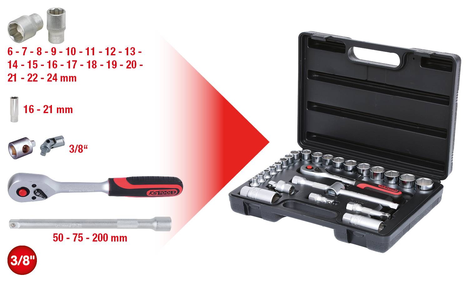 Steckschlüsselsatz im Koffer mit Ratsche, Verlängerungen und Stecknüssen in Größen von 6 bis 24 mm. Verwendung für 3/8-Zoll.