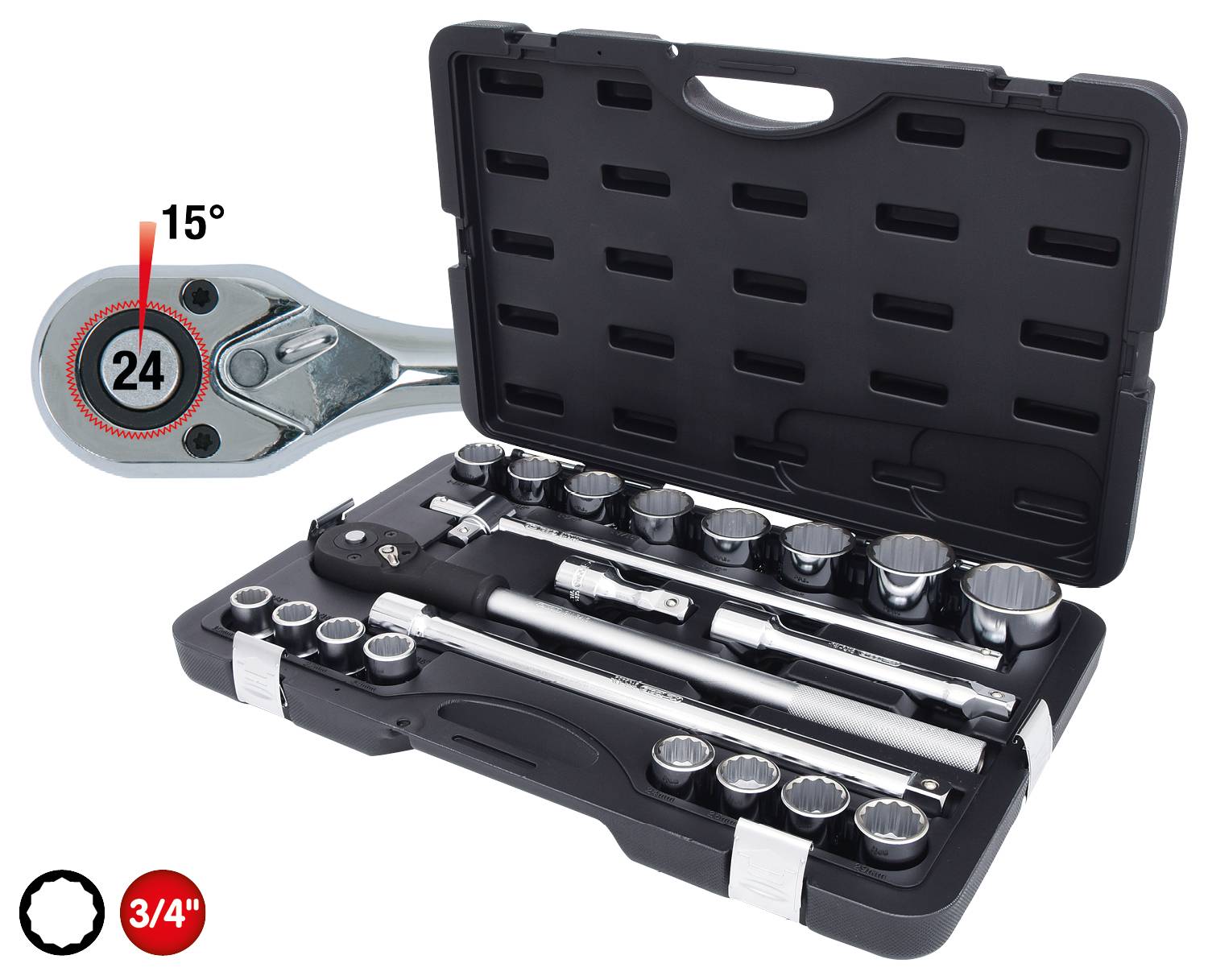Ein Steckschlüsselsatz in einem schwarzen Koffer mit Ratschenschlüssel und verschiedenen Größeneinsätzen, ideal für Reparaturen.