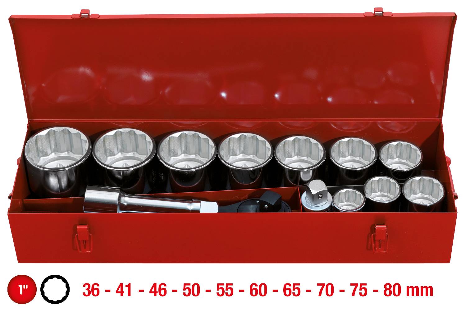 Ein roter Werkzeugkasten enthält eine Reihe von Schraubenschlüsseln und Zubehörteilen mit Größenangaben von 36 bis 80 mm.