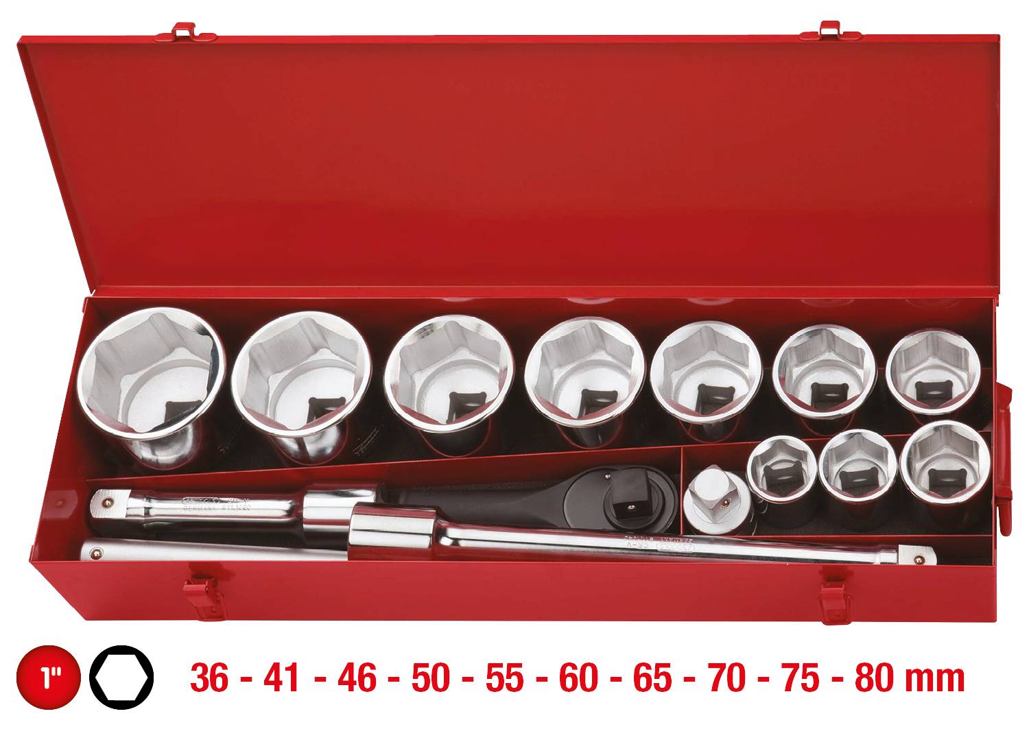 Roter Werkzeugkasten mit zwölf Steckschlüsseln unterschiedlicher Größe (36-80 mm) und zwei Ratschen.