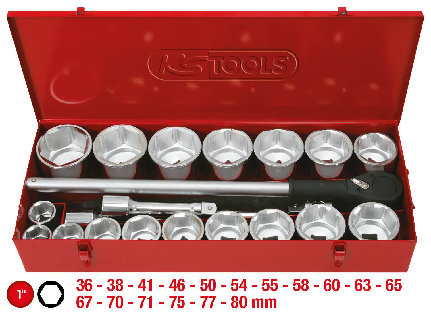 Ein langer roter Werkzeugkasten mit mehreren silbernen Stecknüssen in verschiedenen Größen und einem Metallgriff. Unten sind Größen aufgelistet: 36 - 80 mm.