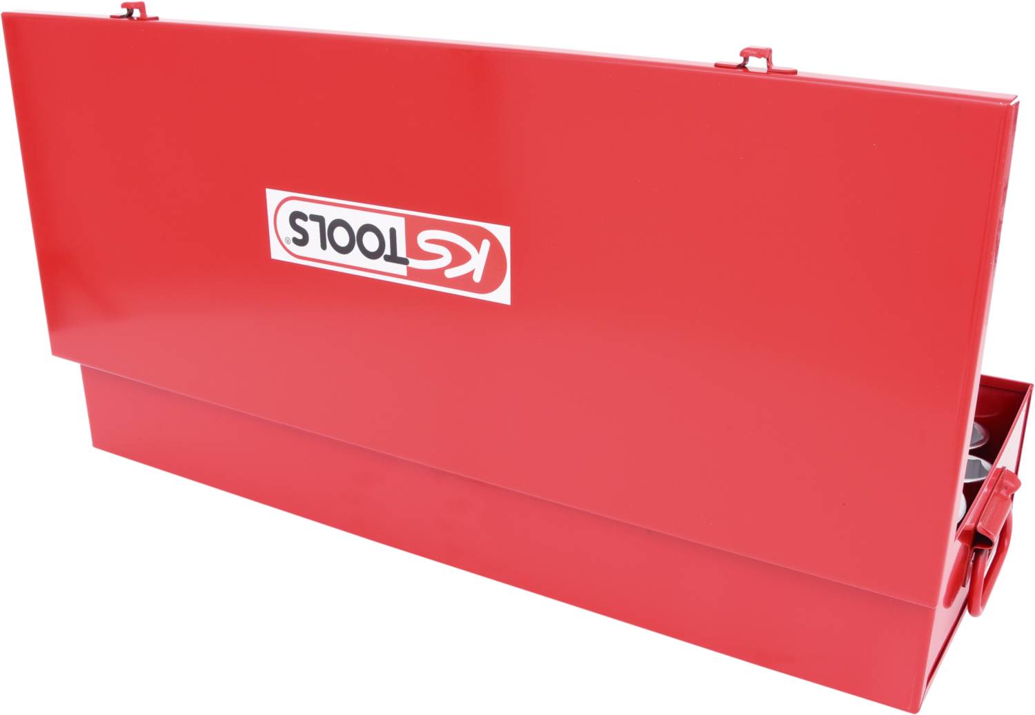 Roter Werkzeugkasten mit der Aufschrift 'TOOLS'. Box geschlossen, seitlich gesehen, mit zwei Verschlüssen oben.