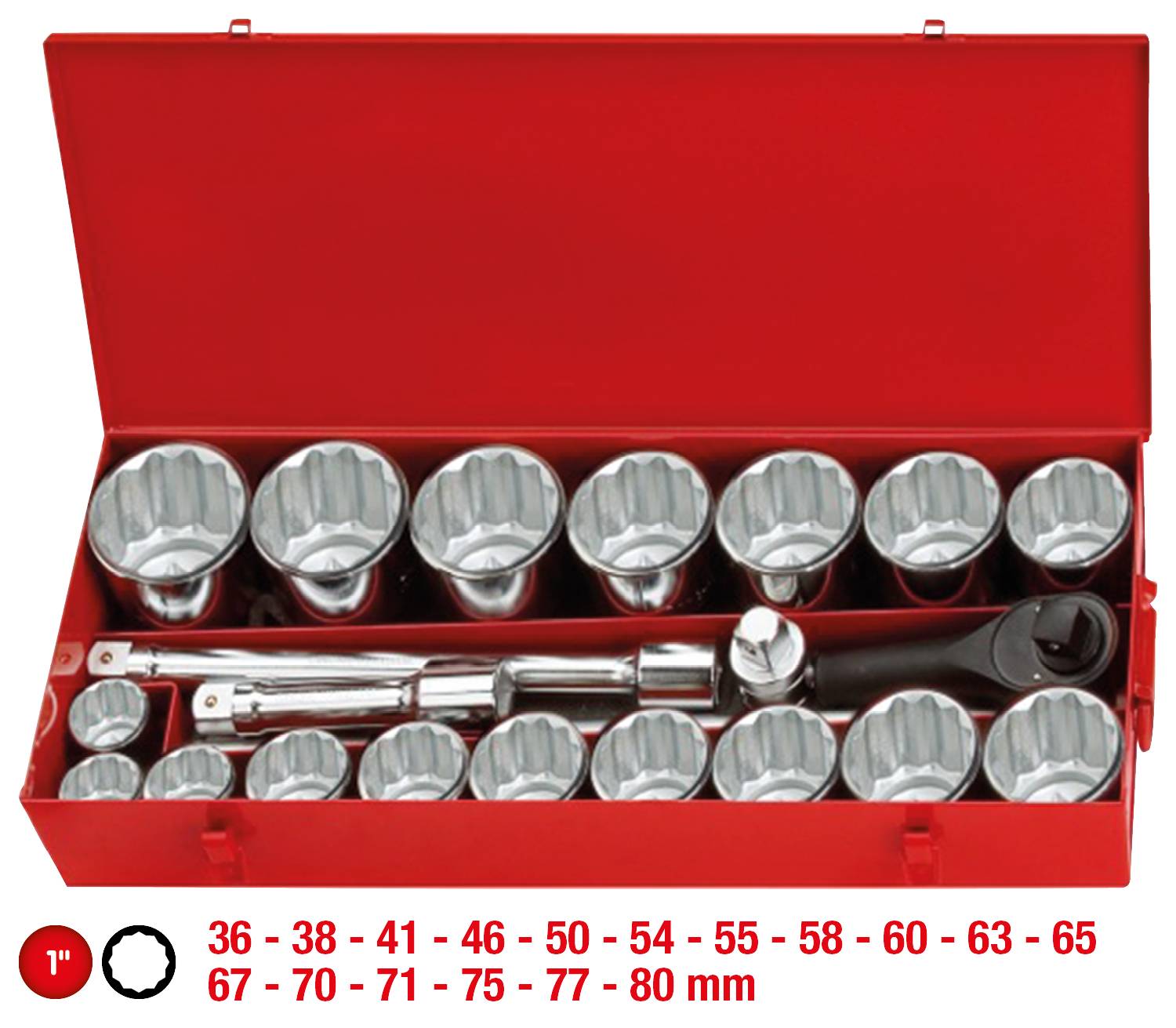 Roter Werkzeugkasten mit 16 Stecknüssen und Ratsche. Größen von 36 mm bis 80 mm deutlich sichtbar auf der Verpackung.