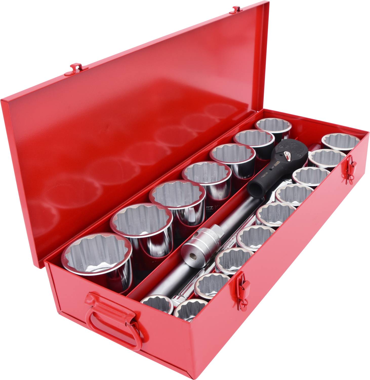 Roter Werkzeugkasten mit verschiedenen Steckschlüsseleinsätzen und einer Ratsche. Ideal zur Aufbewahrung und Organisation.