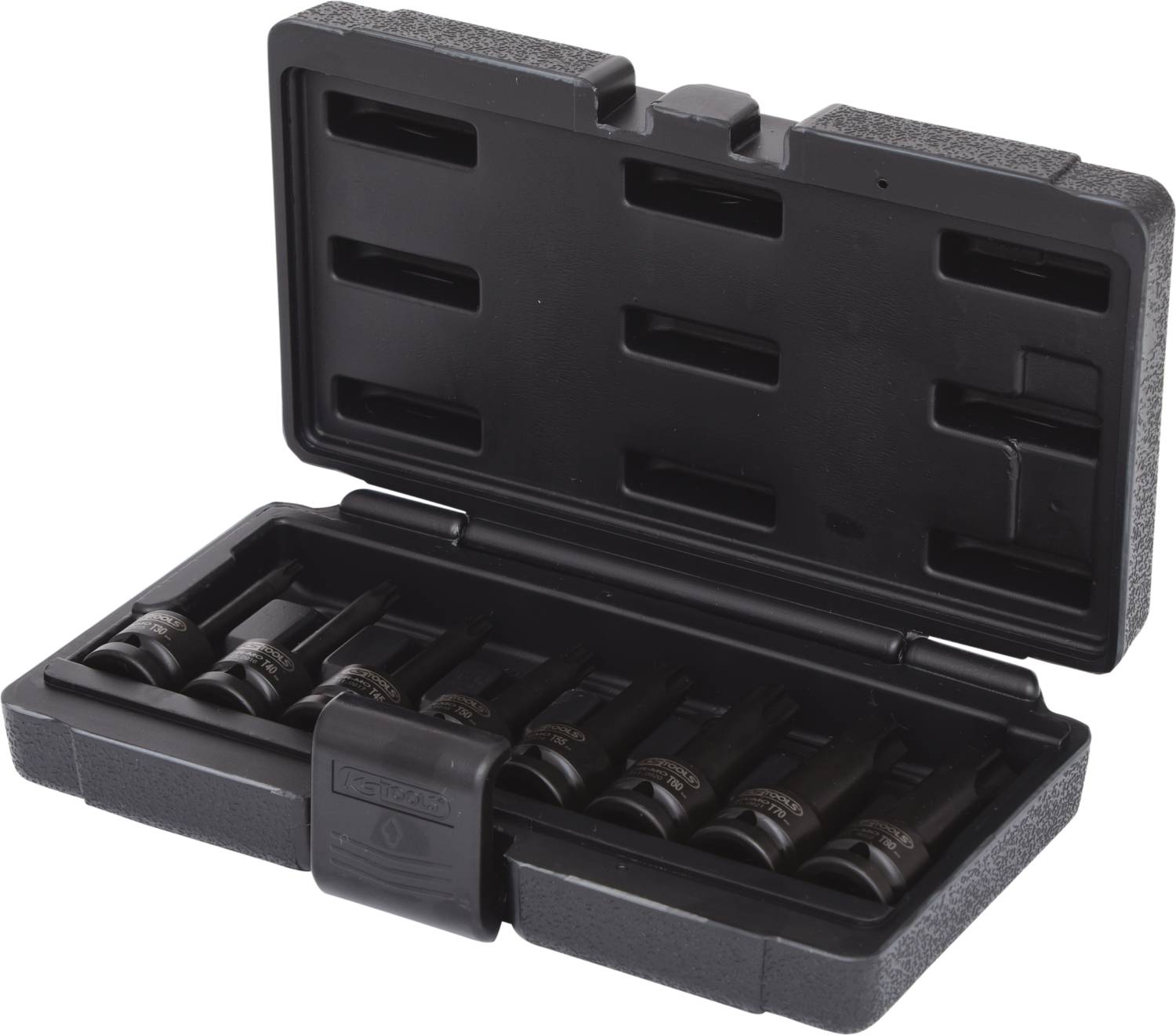 Schwarzes Etui mit sechs Bohrern, die ordentlich nebeneinander angeordnet sind. Ideal für präzises Bohren in verschiedenen Materialien.