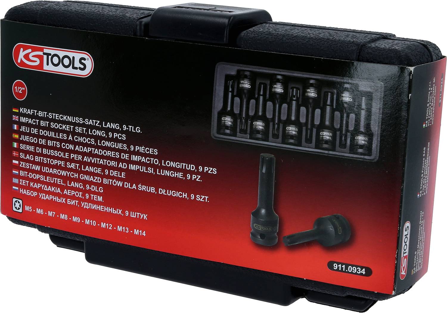 Schwarzes Etui mit der Aufschrift 'KS Tools'. Enthält einen 9-teiligen Kraft-Bit-Stecknuss-Satz, abgebildet sind einzelne Stecknüsse.