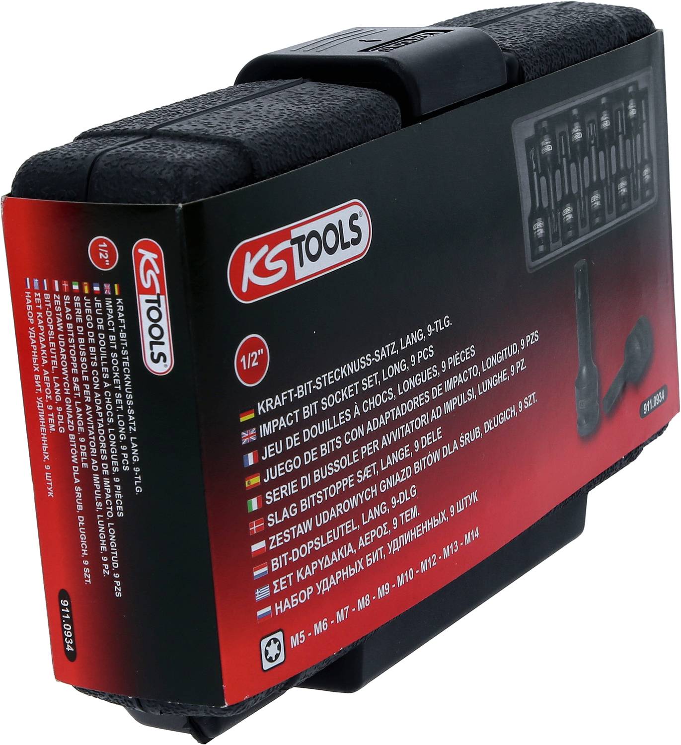 Ein KS Tools Kraft-Bit-Stecknuss-Satzset mit 9 Teilen in einer schwarzen Box. Enthält Zubehör für verschiedene Antriebsschrauben.