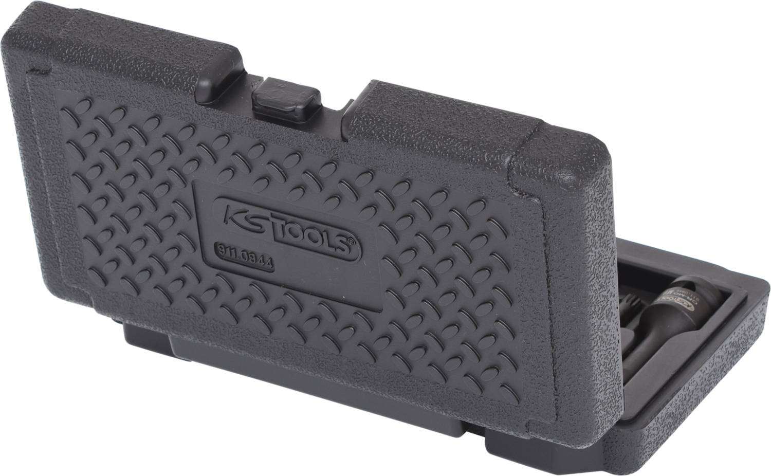 Schwarzer Werkzeugkoffer geöffnet, innen sichtbare Werkzeuge. Auf dem Deckel steht 'KS Tools'.