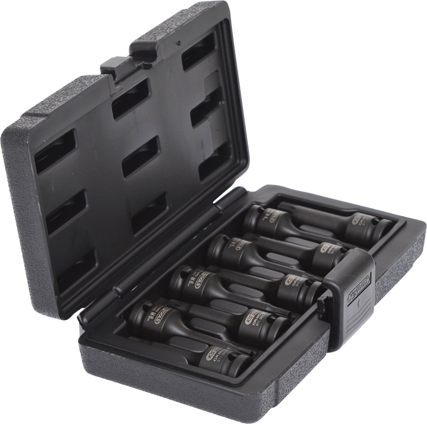 Offene Hartschalenbox mit sechs schwarzen Steckschlüsseleinsätzen.