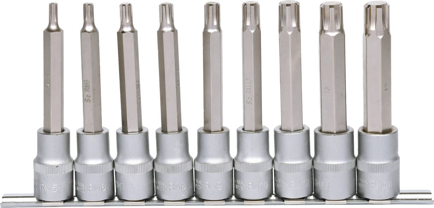 Ein Set aus neun silberfarbenen Steckschlüsseln, in Reihe angeordnet. Sie variieren in Form und Größe der Köpfe.