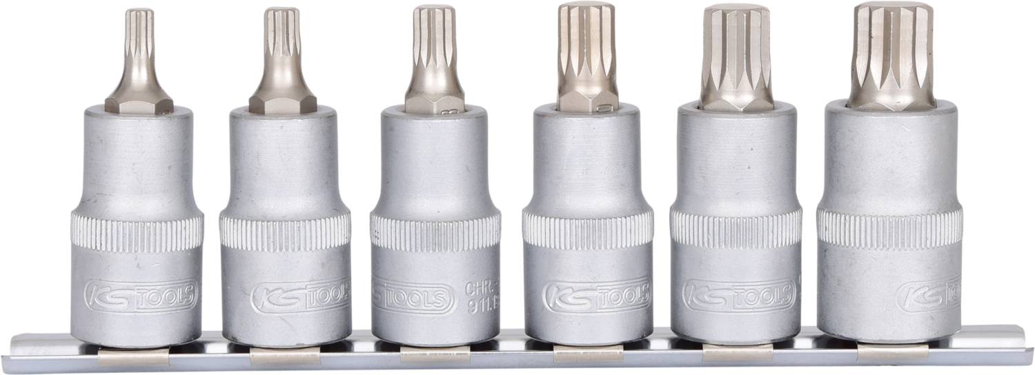 Sechs Torx-Bits in verschiedenen Größen auf einer Halterung angeordnet.