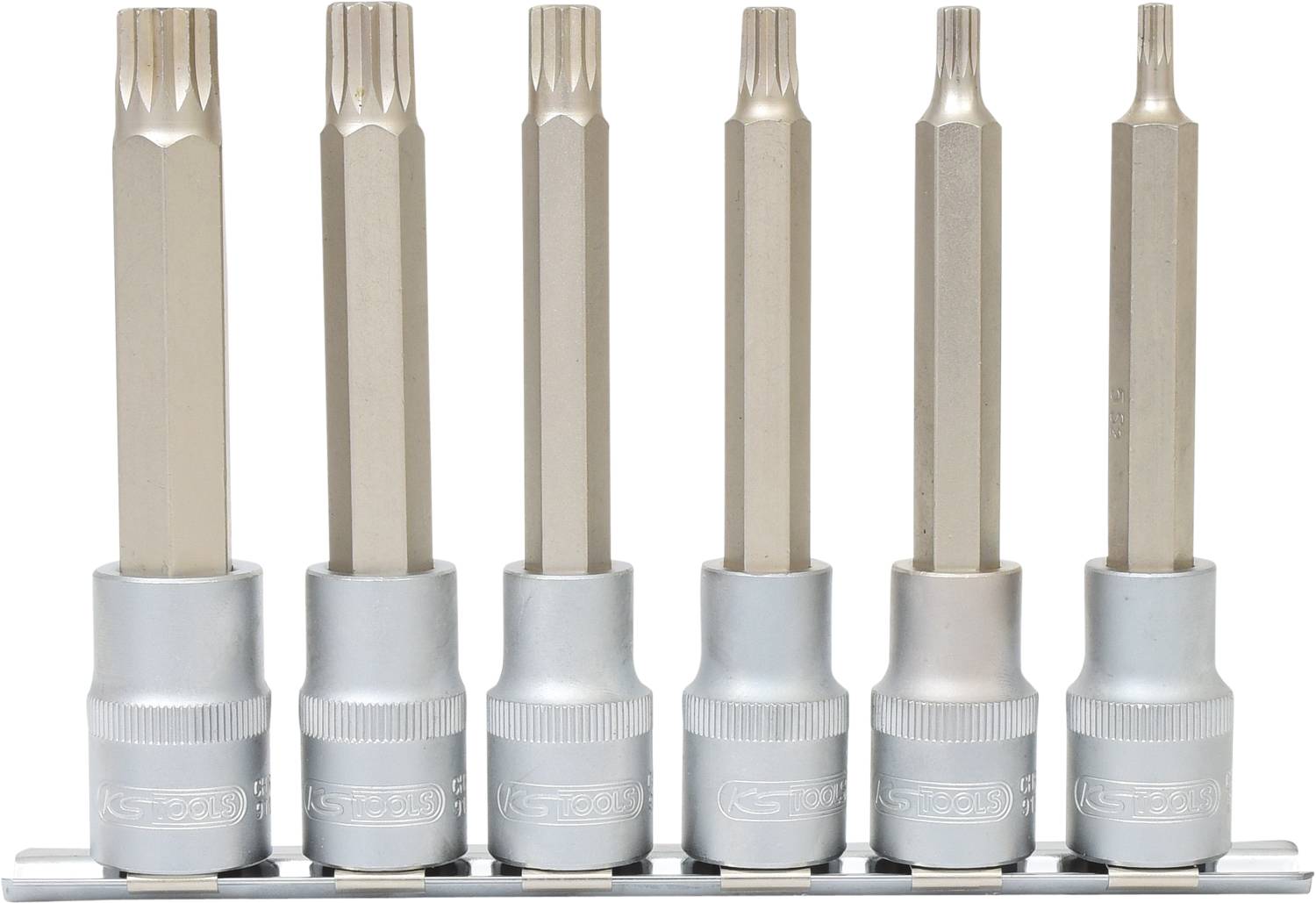 Sechsteiliges Set von Vielzahn-Steckschlüsseln in verschiedenen Größen auf einem Halter angeordnet, aus silbernem Metall.