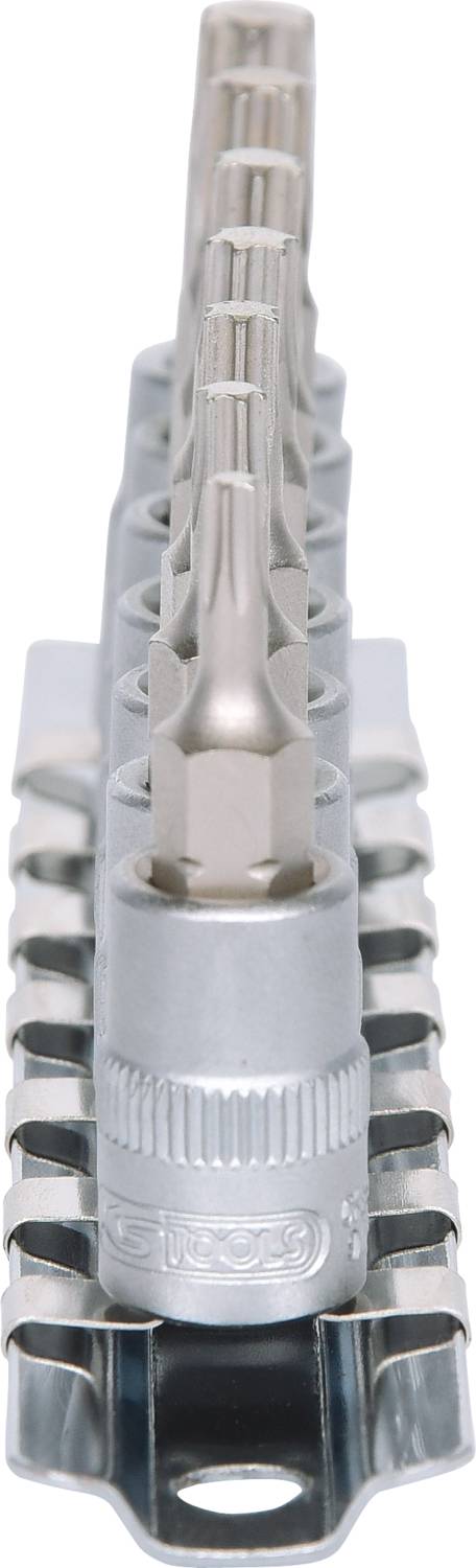 Metallisches Torx-Bit-Set in einer Reihe angeordnet, mit unterschiedlichen Größen, montiert in einem Halter zur geordneten Aufbewahrung.