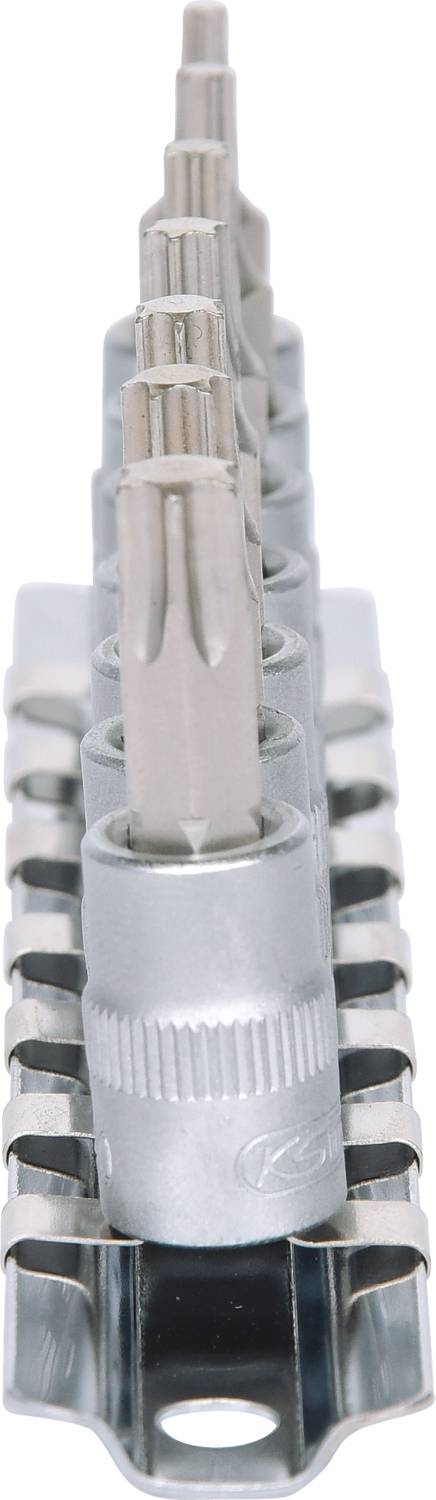 Ein Satz Torx-Bits in metallischer Halterung, angeordnet in einer Reihe von klein nach groß, zum Einsatz mit einem Schraubendreher.