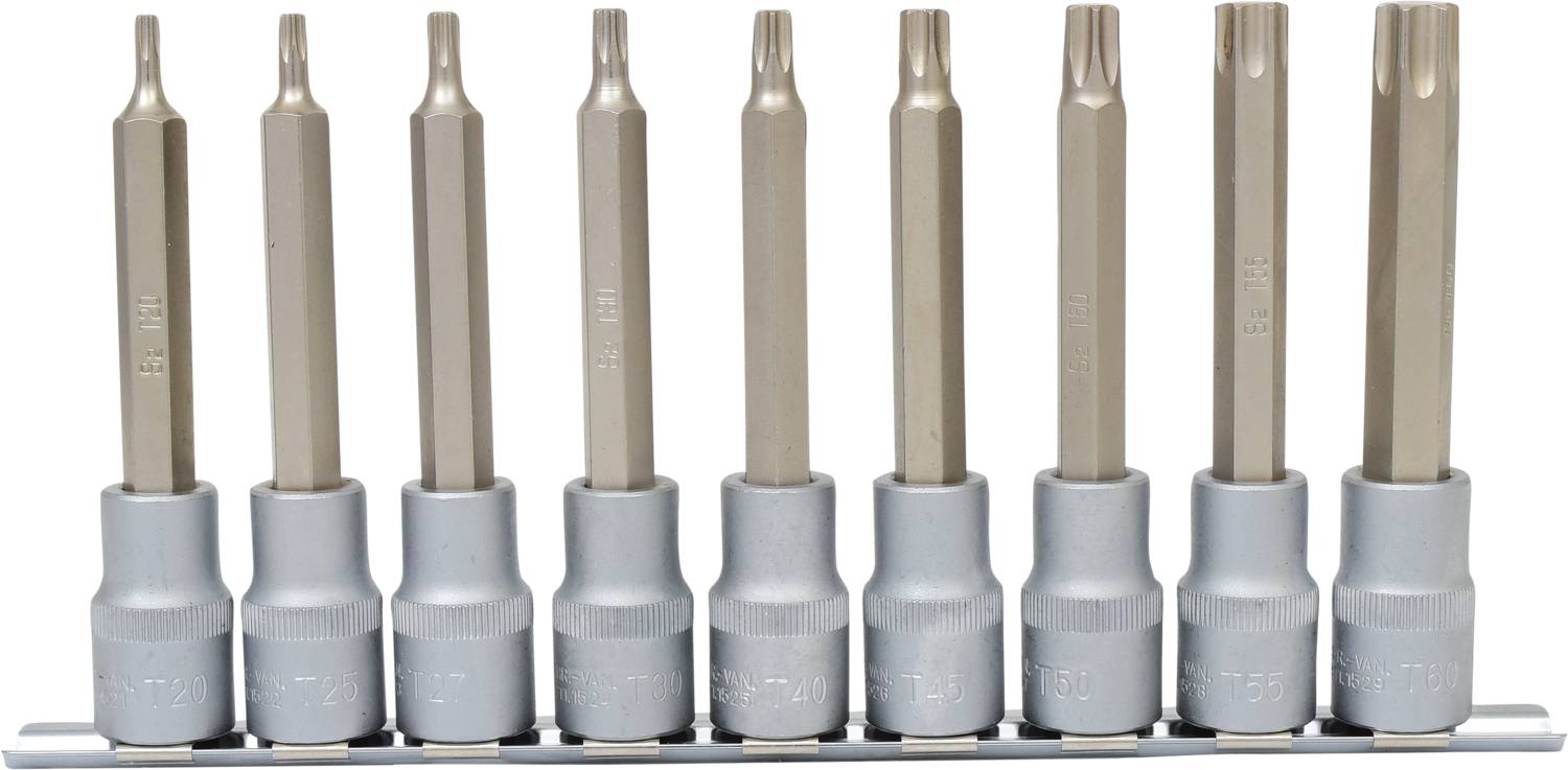 Eine Reihe von neun silbernen Schraubendreher-Bits in verschiedenen Größen, aufgereiht in einem Halter.