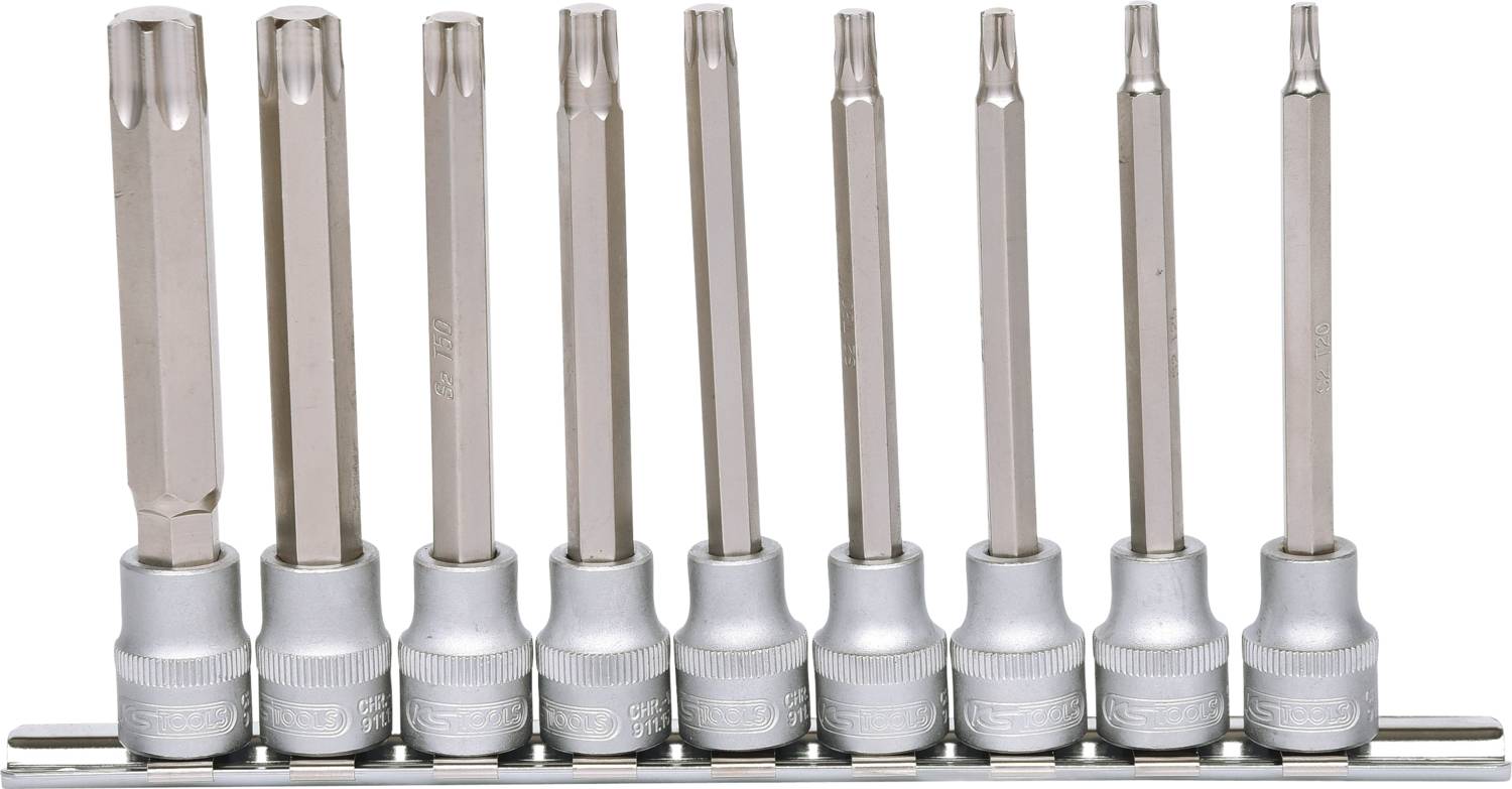 Eine Reihe von neun silbernen Schraubendreher-Bits in unterschiedlichen Größen auf einer Metallhalterung.