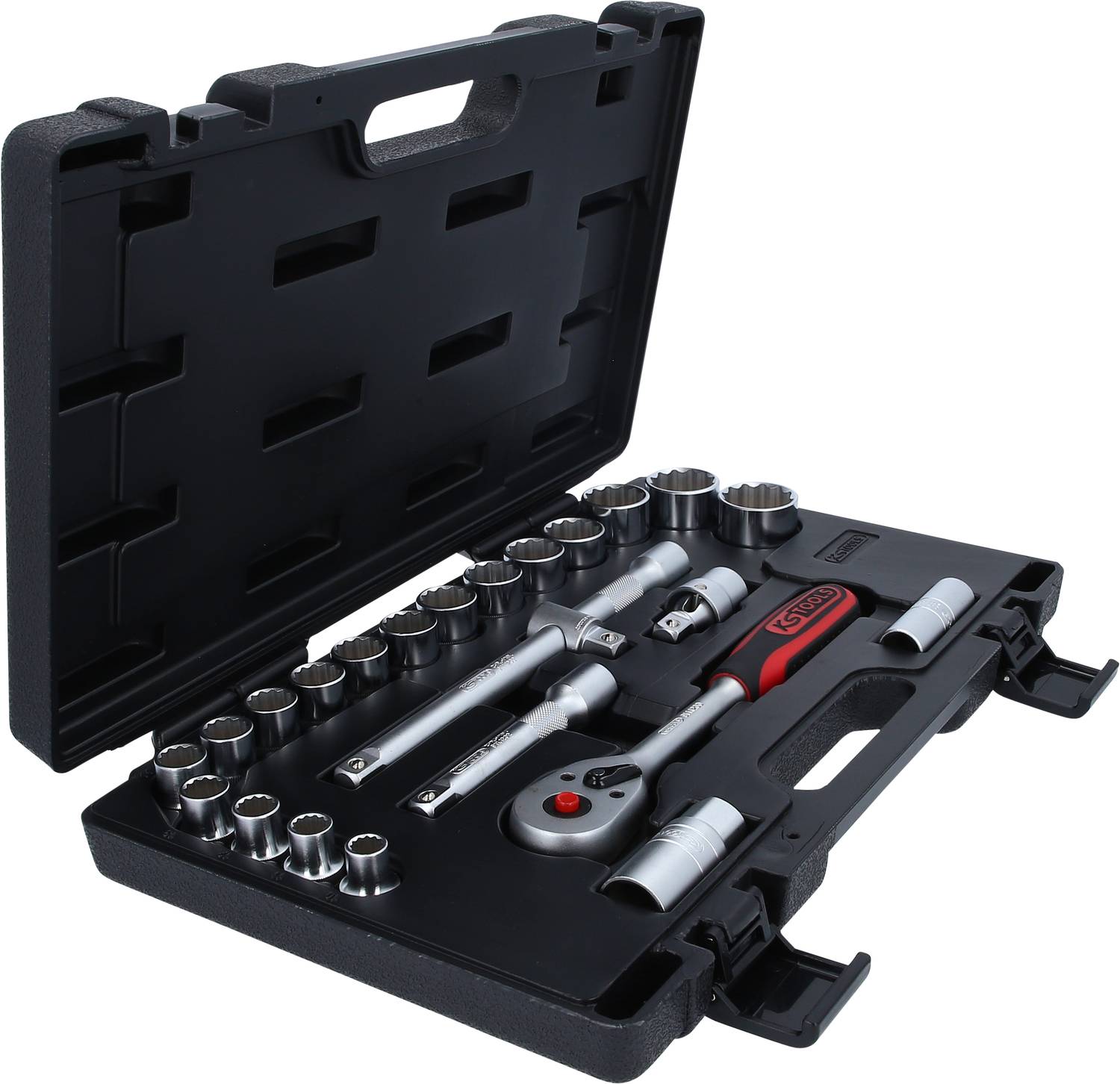Werkzeugkasten mit Steckschlüsselsatz, bestehend aus verschiedenen Bits, Ratsche und Verlängerungen. Ideal für Reparaturarbeiten.