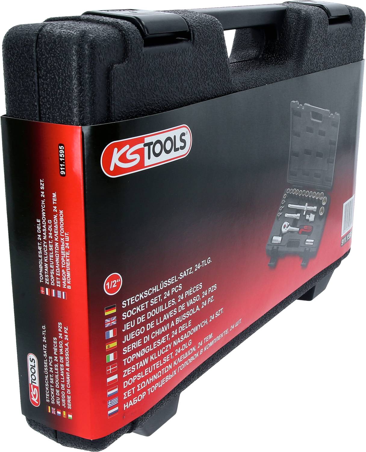 Werkzeugkoffer von KS Tools mit Steckschlüsselsatz, 24-teilig, in schwarz-rotem Design.