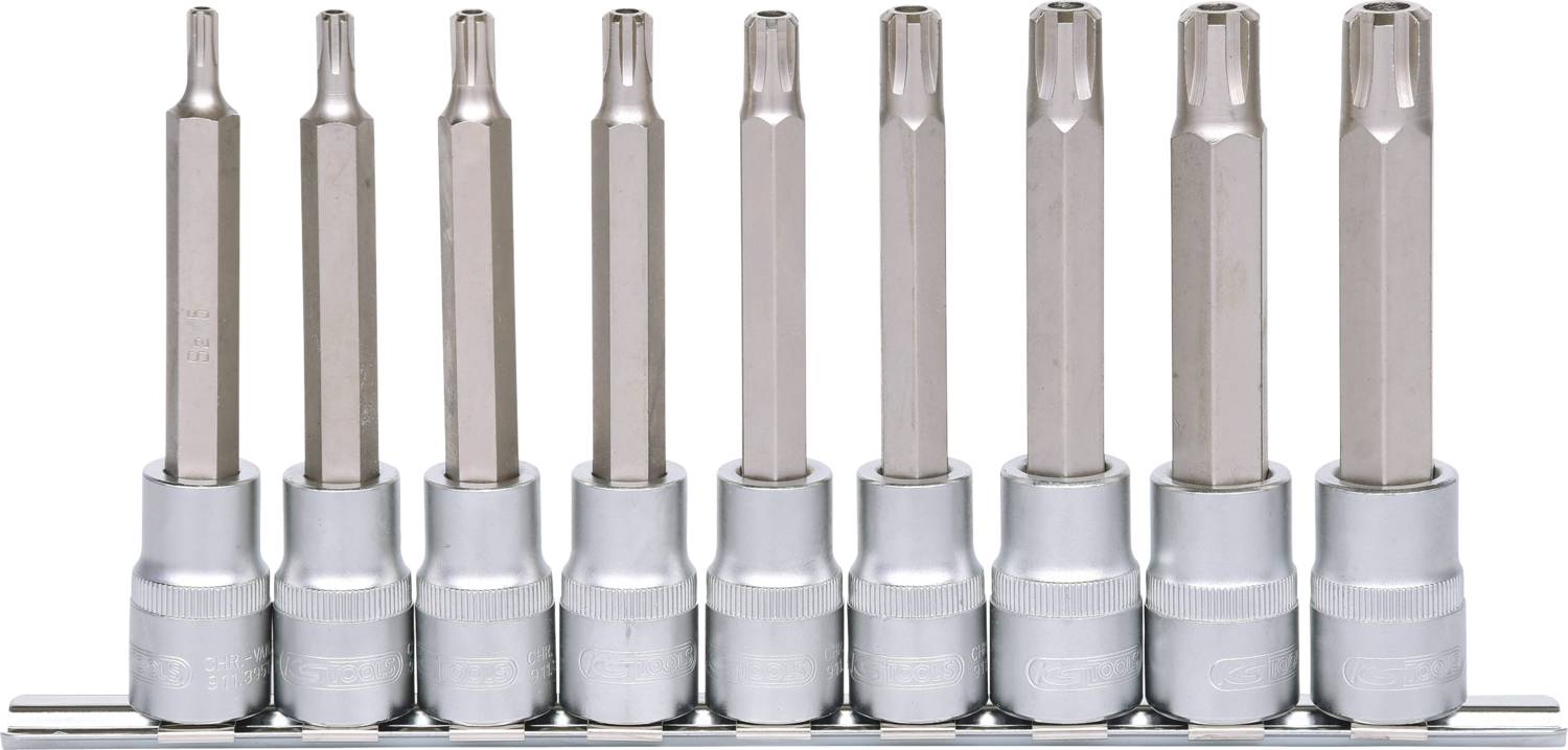 Steckschlüsselsatz mit zehn Sechskant-Bits aus Metall in unterschiedlichen Größen, von klein nach groß geordnet.