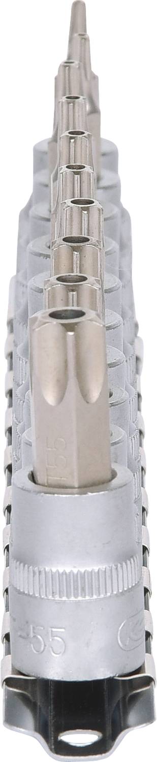 Ein Set von sternförmigen Schraubaufsätzen in verschiedenen Größen aufgereiht, mit einem silbernen Griff unten.