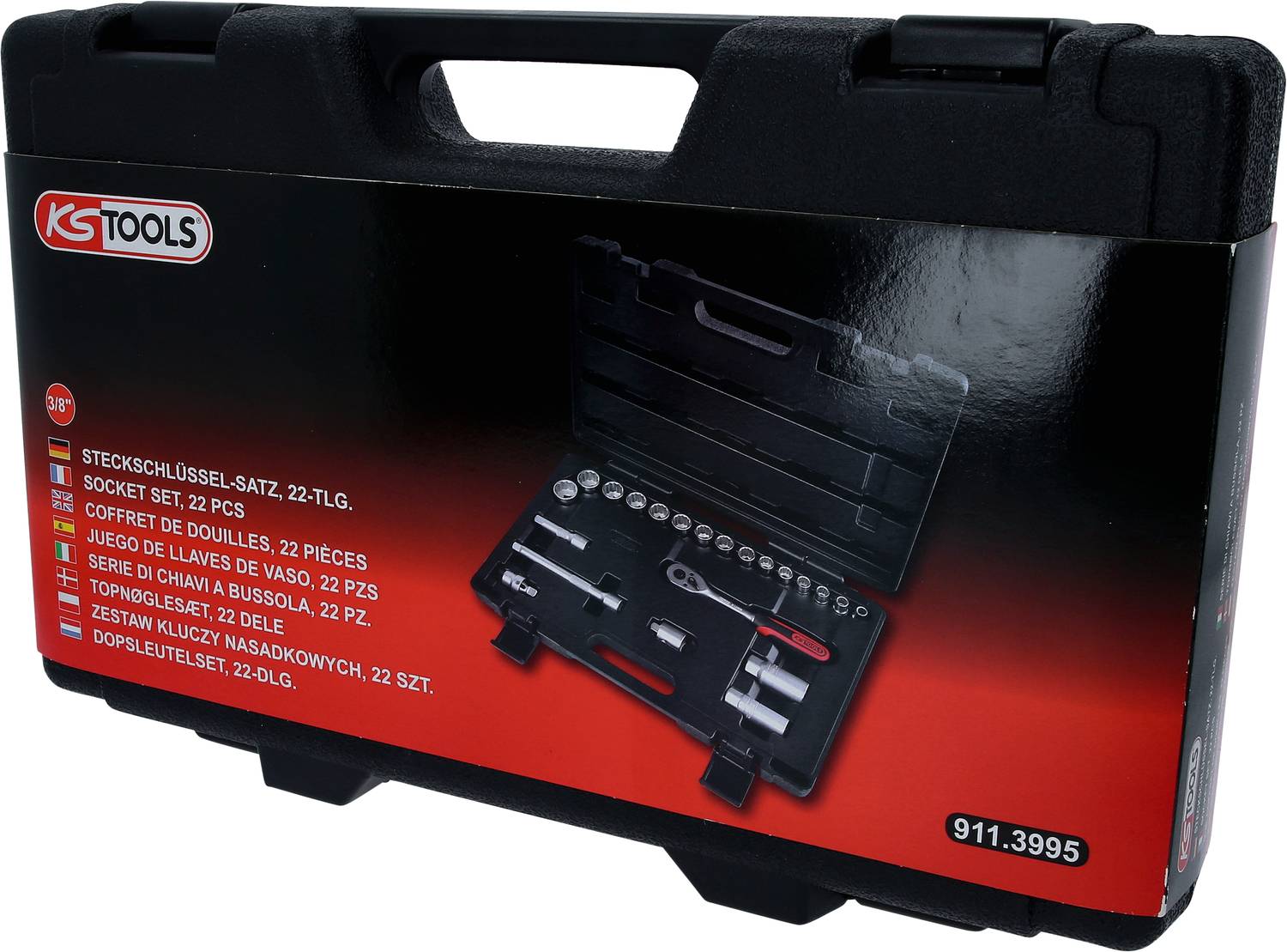 'Steckschlüsselsatz, 22-tlg.' von KS Tools in einem schwarzen Kunststoffkoffer, abgebildet mit Werkzeugsatz und Artikeldetails.