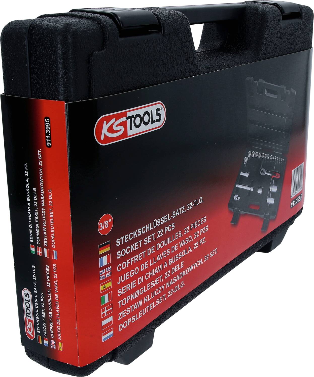 Schwarzer Werkzeugkoffer von KS Tools, 22-teiliges Steckschlüssel-Set. Produktetikett mit Länderflaggen und mehrsprachiger Beschreibung.