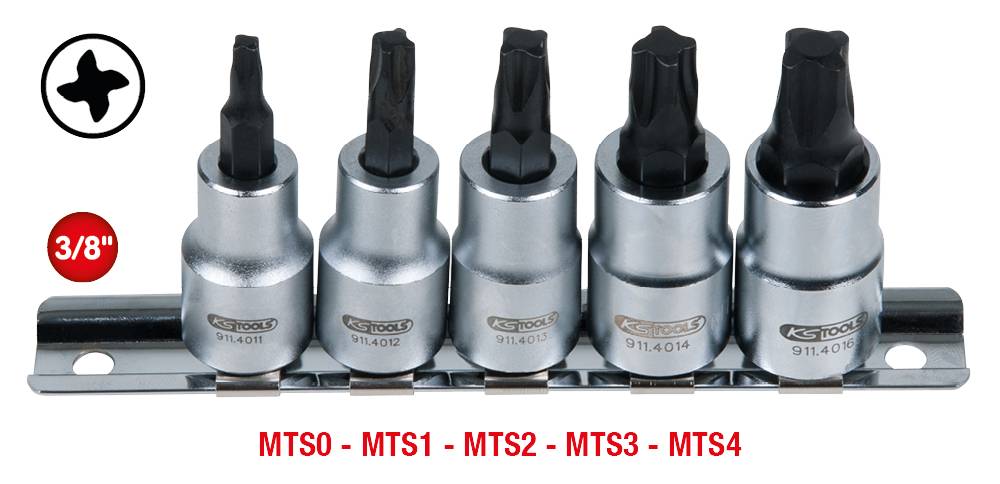 Satz von fünf Torx-Bits für Schraubarbeiten, montiert auf einer Metallschiene, mit Markierungen MTS0 bis MTS4, 3/8 Zoll Größe.