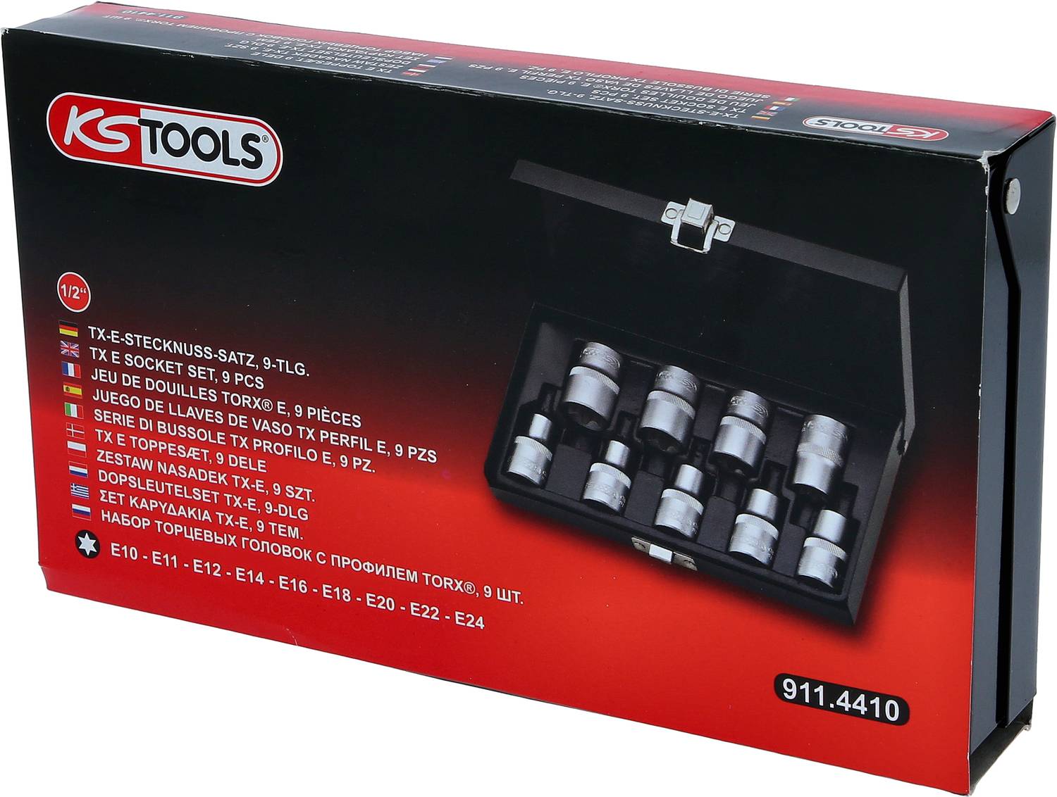 'KS Tools' TX-E-Stecknuss-Satz, 9-teilig, zeigt eine geöffnete Box mit neun Stecknüssen für den Einsatz in Kfz-Reparaturen. Artikelnummer 911.4410.
