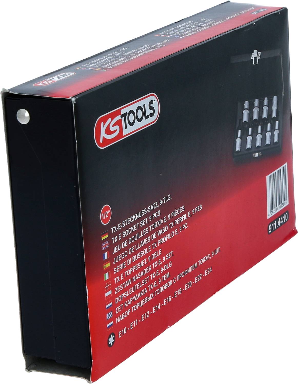 'KS Tools 911.4410' Stecknuss-Satz, 9 Teile, E10-E24, mit Abbildung des Sets und Länderflaggen. Verpackung in Schwarz und Rot.