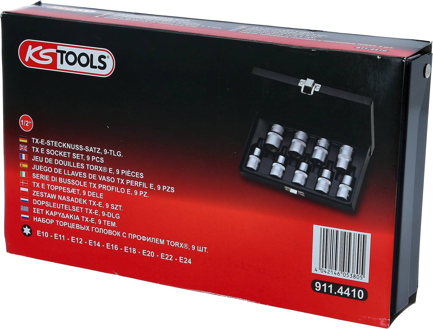 KS Tools TX-E-Steckschlüsselsatz, 9-tlg. Enthält verschiedene Größen. Verpackung zeigt Produktbild und Seriennummer 911.4410.