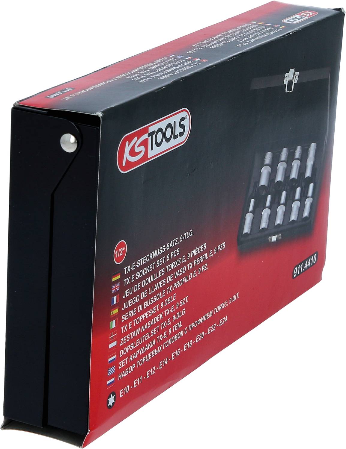 Eine schwarze Verpackung von KS Tools, die ein 9-teiliges Steckschlüssel-Set mit E-Profilen enthält, teilweise geöffnet.