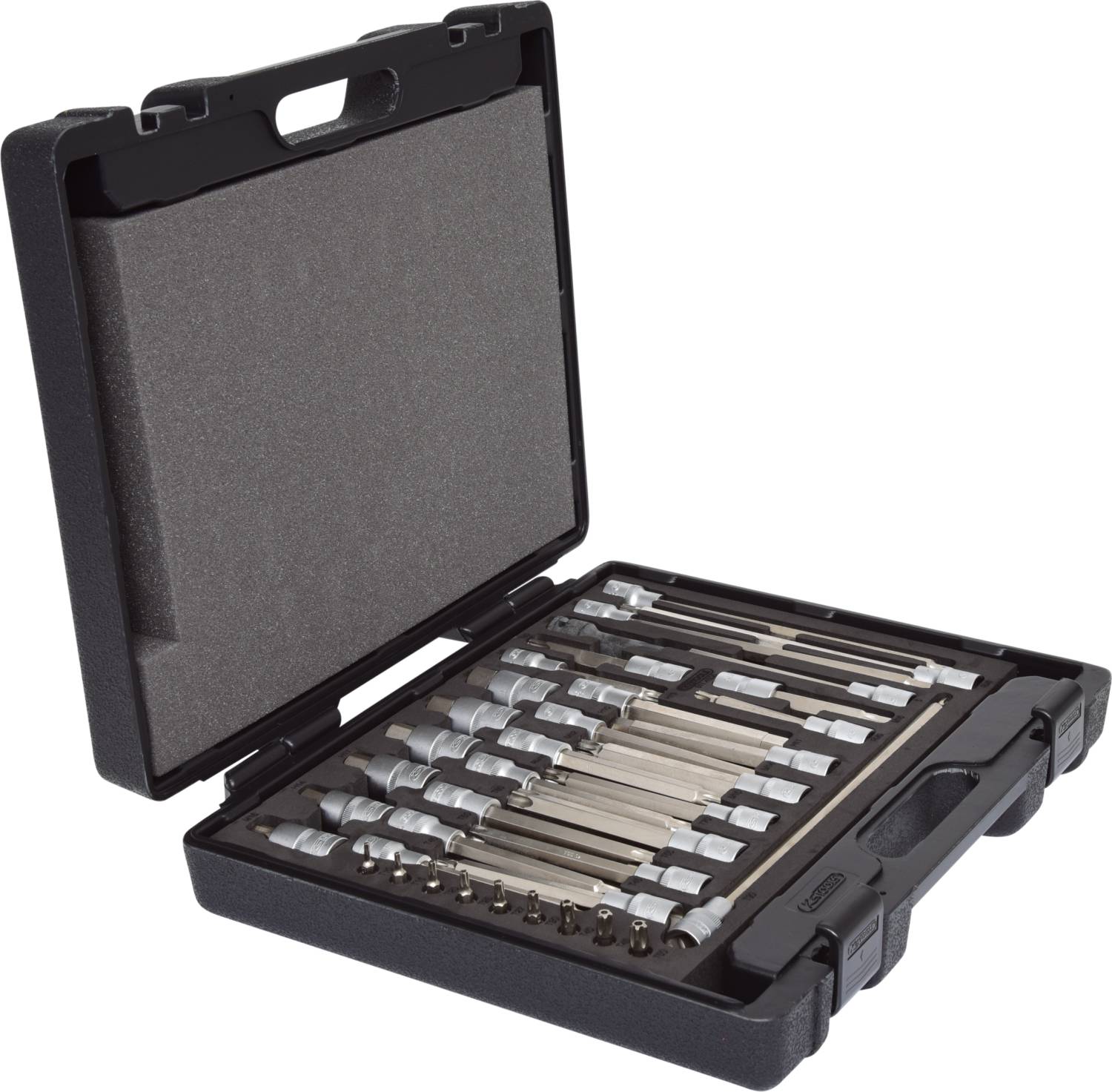 Ein offener Koffer mit einem Set aus Metallbohrern in verschiedenen Größen, geordnet in speziellen Halterungen im Inneren.