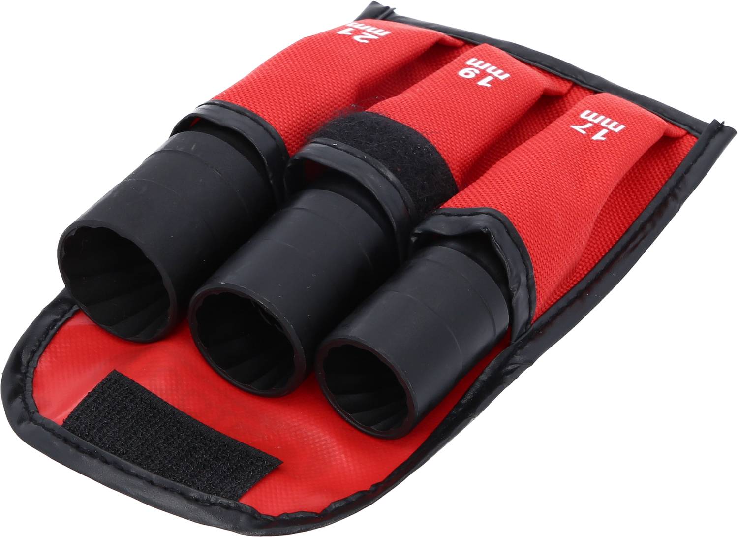 Drei rote Taschen mit schwarzen Kunststoffrohren in verschiedenen Größen: 17 mm, 19 mm und 21 mm.
