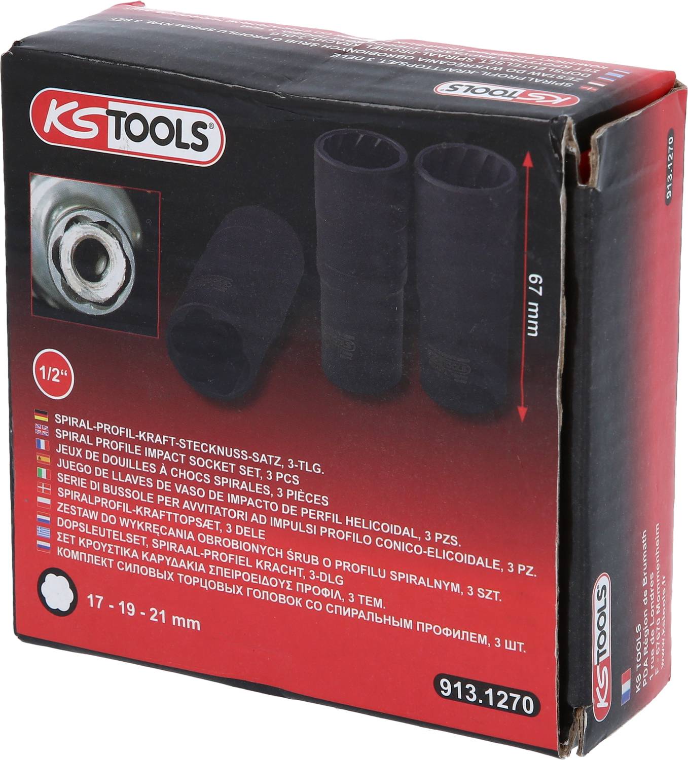 Drei-teiliges Spiralschrauben-Stecknuss-Set in schwarzer Verpackung. Geeignet für verschiedene Größen: 17, 19, 21 mm.