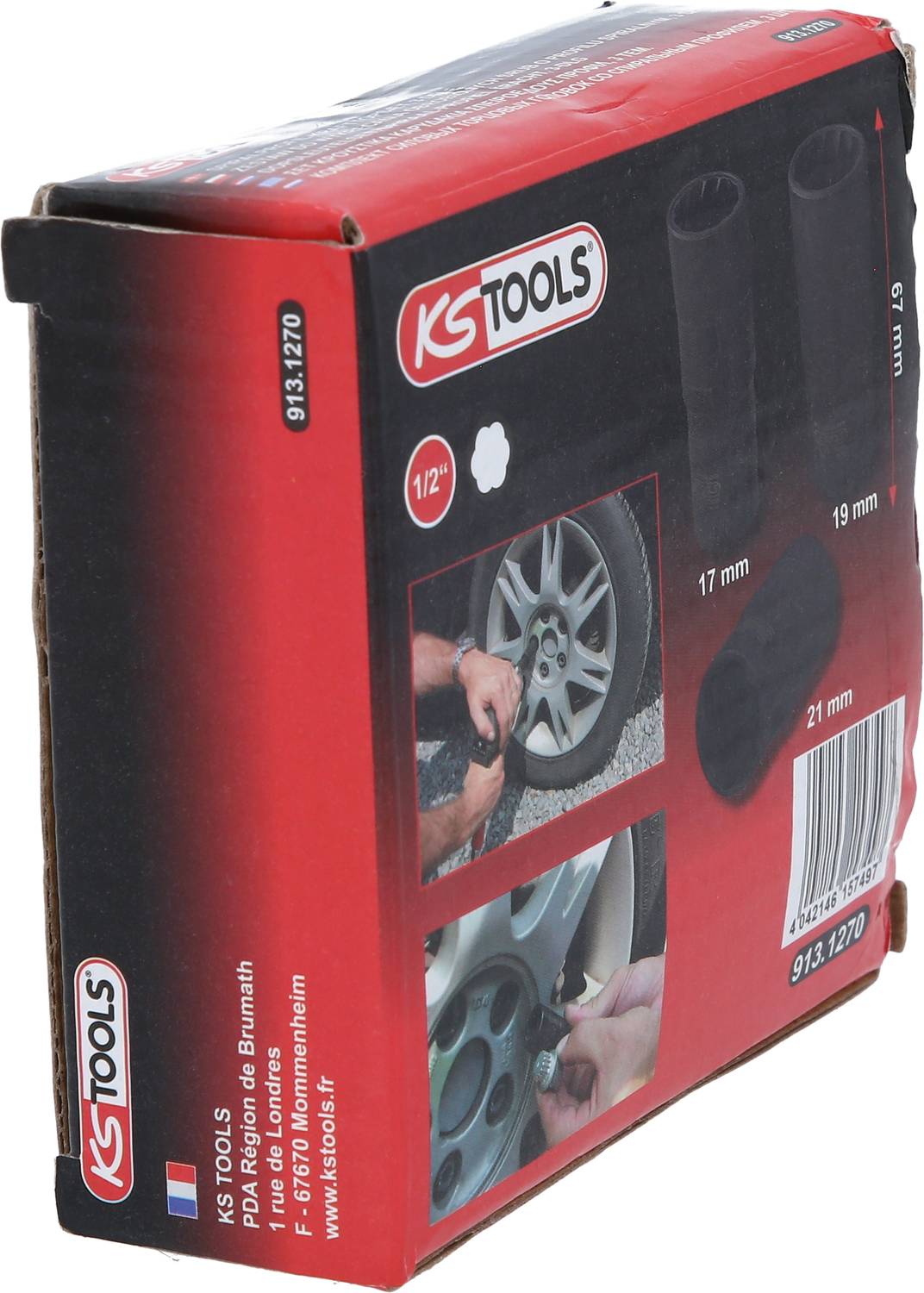 Verpackungsbox von KS Tools mit Abbildungen von Nüssen für Radschrauben auf rotem Hintergrund. Enthält Größenangaben von 17, 19 und 21 mm.