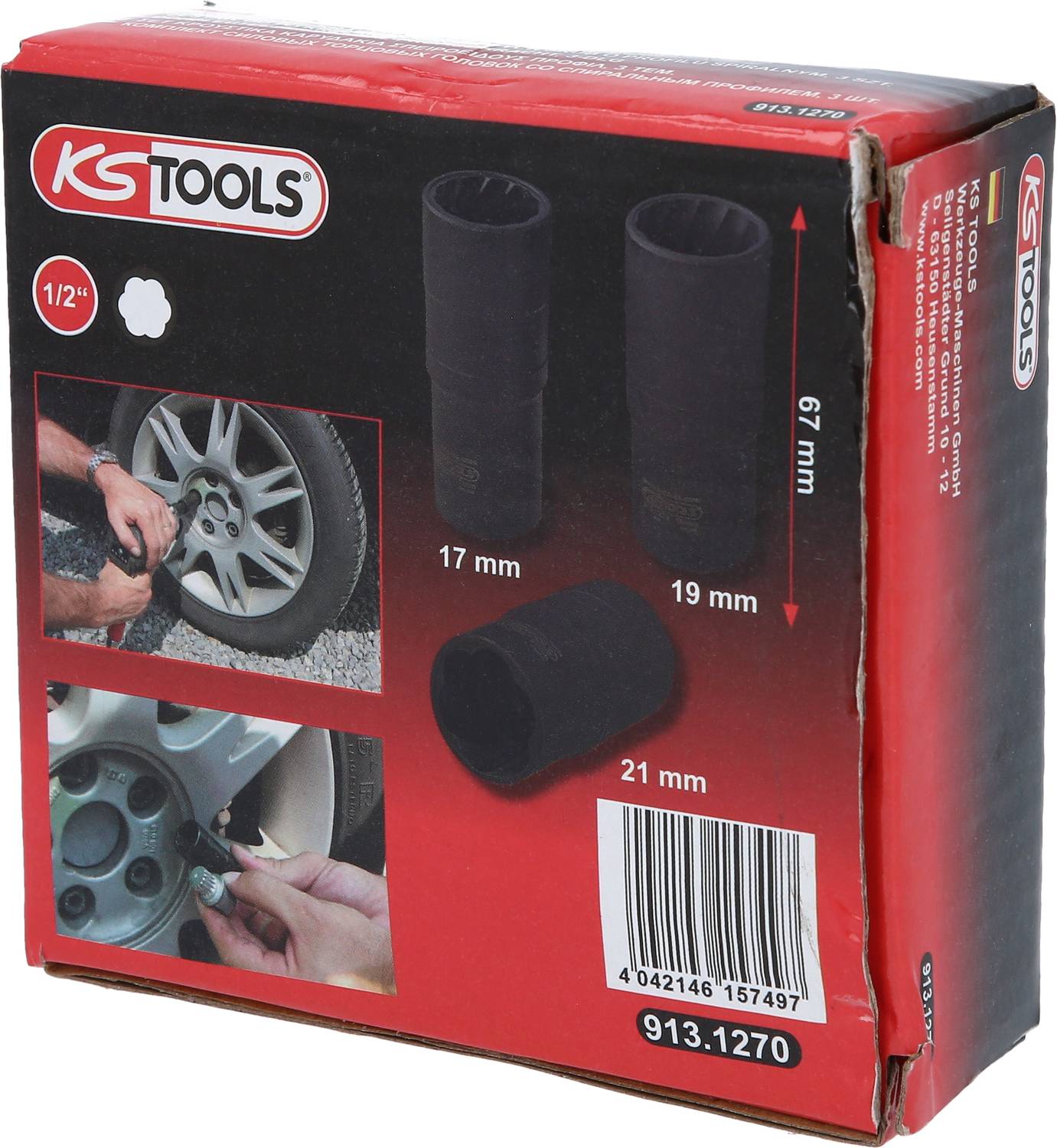 Verpackung von KS Tools Steckschlüssel-Einsatz-Set. Enthält drei Verlängerungen: 17 mm, 19 mm und 21 mm, ideal zum Reifenwechsel.