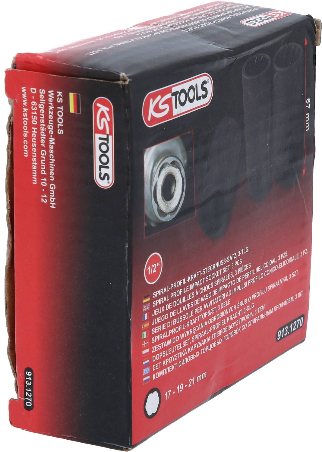 Verpackung eines Werkzeugsatzes von KS Tools, zeigt Spiralkraft-Stecknüsse in den Größen 17, 19 und 21 mm.