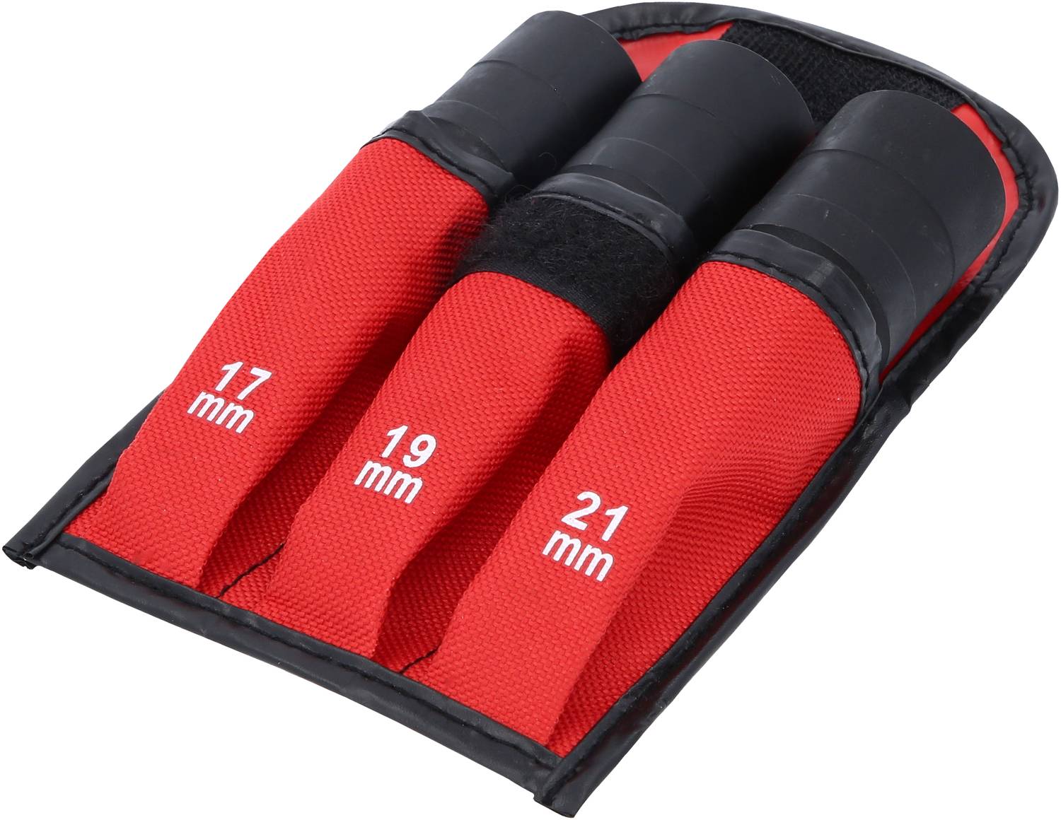 Rote Werkzeugtasche mit drei Fächern für Steckschlüssel, beschriftet mit '17 mm', '19 mm' und '21 mm', teilweise geöffnet.